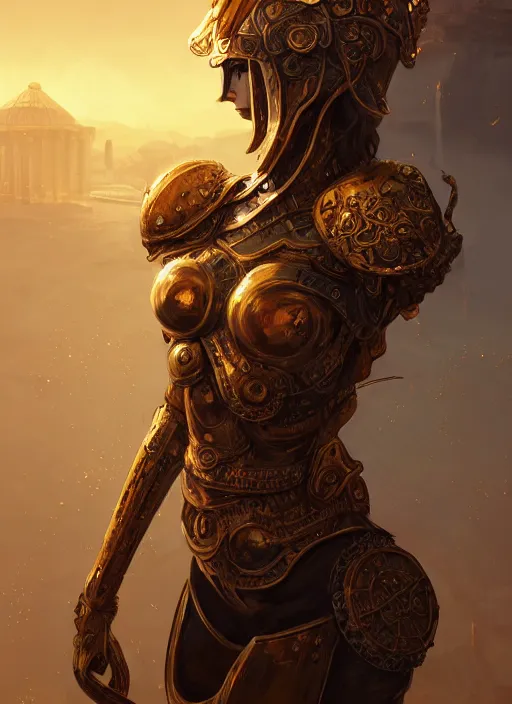Prompt: portrait knights of zodiac girl, golden and copper shining armor, in ruined agora of athens sunrise, ssci - fi and fantasy, intricate and very very beautiful and elegant, highly detailed, digital painting, artstation, concept art, smooth and sharp focus, illustration, art by ilya kuvshinov and z - - ed and tian zi and wlop