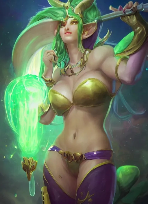 Image similar to merciful soraka, from league of legends, health supporter, hyper detailed, green aura in her wand, digital art, trending in artstation, cinematic lighting, studio quality, smooth render, unreal engine 5 rendered, octane rendered, art style by klimt and nixeu and ian sprigger and wlop and krenz cushart