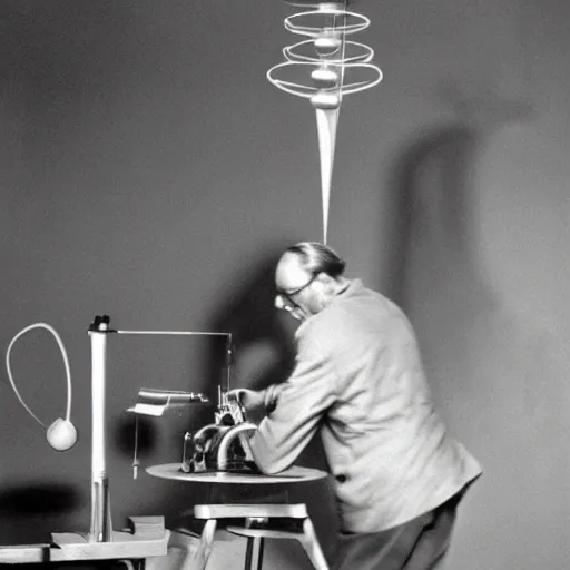 Image similar to filmstill of Marcel Duchamp working on a futuristic machine, long exposure, archival pigment print