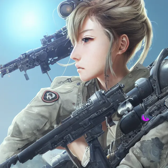 Image similar to the hyperrealistic portrait of lawful neutral female futuristic marine sniper as absurdly beautiful, gorgeous, elegant, young anime girl, an ultrafine hyperdetailed illustration by kim jung gi, irakli nadar, intricate linework, bright colors, octopath traveler, final fantasy, unreal engine 5 highly rendered, global illumination, radiant light, detailed and intricate environment