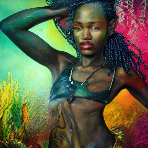 Image similar to Fisherman, Jamaican, Illustration, Third-Person View, Depth of Field, Colorful with Yellow Green Black Red, insanely detailed and intricate, hypermaximalist, jamaican vibe, hyper realistic, super detailed, by Charlie Bowater, by Karol Bak