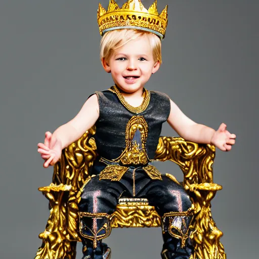 Image similar to cute blond boy wearing a crown and sitting on an ornate throne holding a jeweled scepter.