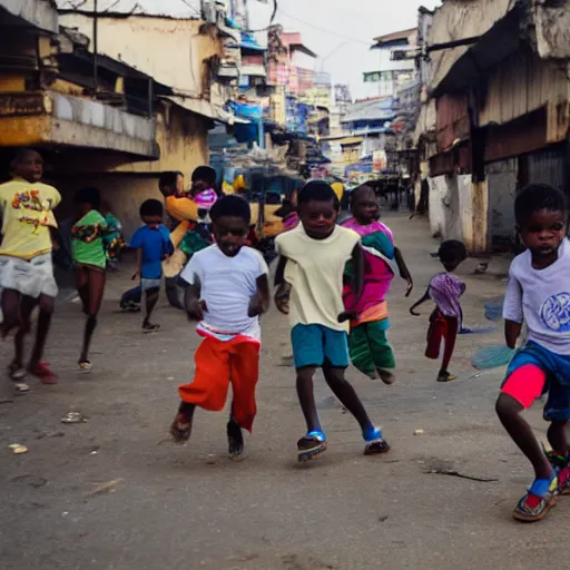 Prompt: young kids in lagos nigeria running playing together in the market