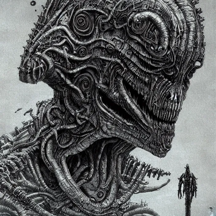 Image similar to space alien, slimy, glossy, sharp teeth, by h. r. giger, beksinski, nightmare fuel, nightmarish, intricate, highly detailed, optical illusion, stranger things demogorgon, volumetric lighting, flickering