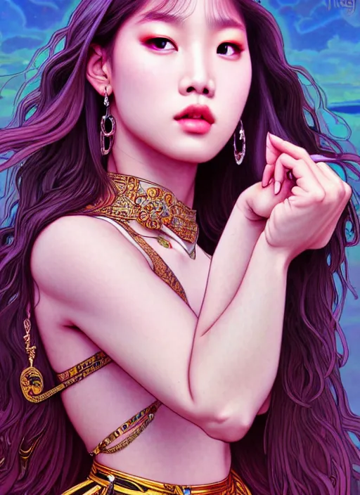 Image similar to jennie manoban of blackpink, tarot card, highly detailed, digital painting, smooth, sharp focus, illustration, ultra realistic, 8 k, art by artgerm and alphonse mucha