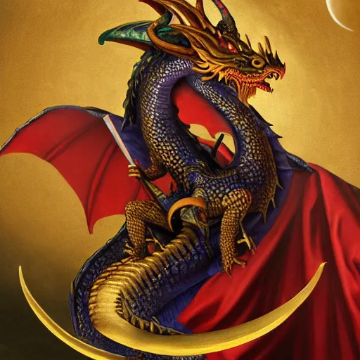 Prompt: baroque painting of a medieval dragon dressed as a wizard, the dragon has a long white beard, crescent moon in the background, detailed fullbody portrait, 8K HD image