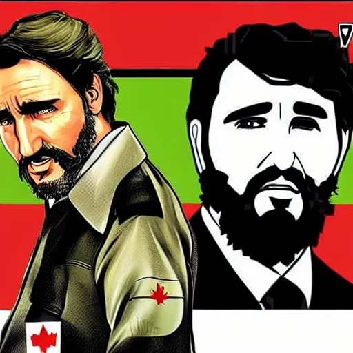 Prompt: justin trudeau as fidel castro in GTA V, cover art by Stephen Bliss, no text