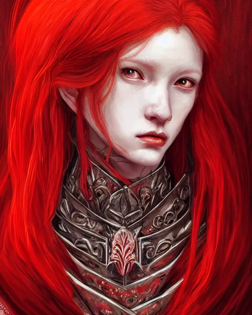 Prompt: redhead queen knight in red armor, inside grand hall in castle with rococo aesthetic, crown of roses, scarred face, elden ring, intimidating, high fantasy, intricate detail, digital painting, artstation, concept art, smooth, sharp focus, illustration, art by yoshitaka amano and monia merlo and wlop and artgerm