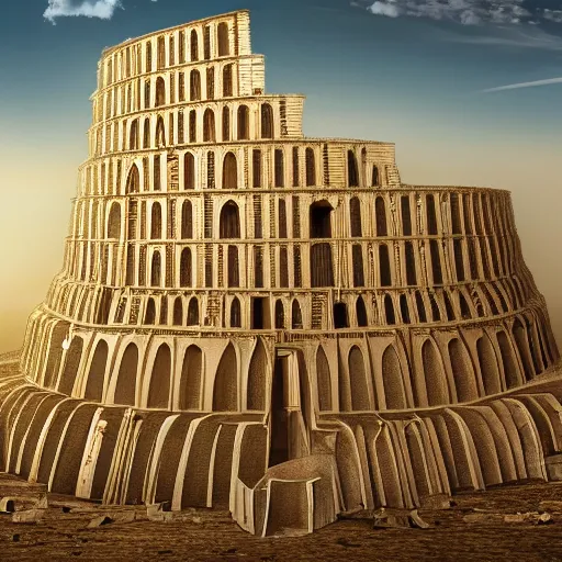 Image similar to cinematic still looking up at the tower of babel, epic, Akkadian architecture, desert background