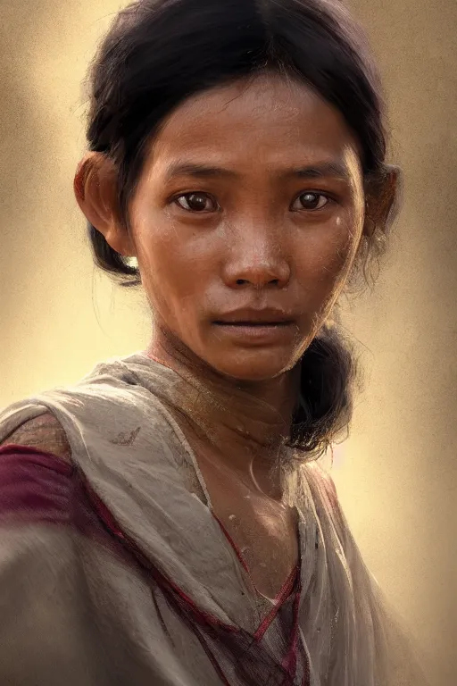 Image similar to a young nepalese woman, close-up portrait, poor, intricate, elegant, volumetric lighting, scenery, digital painting, highly detailed, artstation, sharp focus, illustration, concept art,ruan jia, steve mccurry