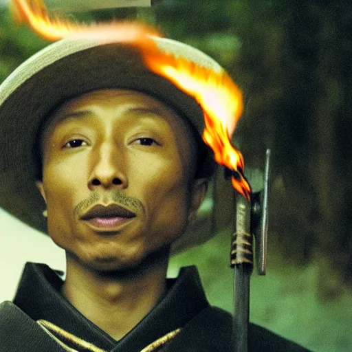 Image similar to cinematic film still Pharrell Williams starring as a Samurai holding fire, Japanese CGI, VFX, 2003, 40mm lens, shallow depth of field,film photography