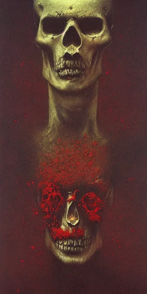 Prompt: portrait of sad man whose half face is golden skull, red ash floating, dust particles, dark atmosphere, lovecraftian, full of emotion, painting by beksinski