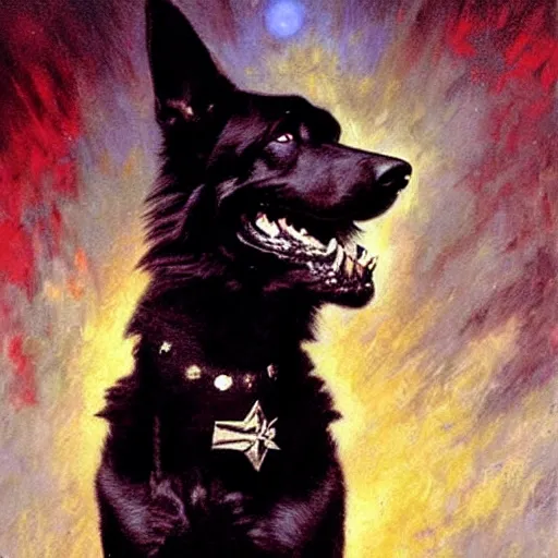 Image similar to a portrait of a black german shepard dogman canine star trek captain red shirt. highly detailed painting by gaston bussiere, craig mullins, j. c. leyendecker, furry