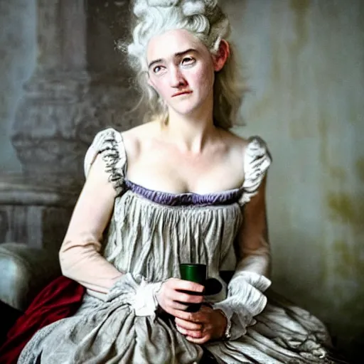 Prompt: A 18th century, messy, silver haired, (((mad))) elf princess (look like ((young Kate Winslet))), dressed in a ((ragged)), wedding dress (similar to Mari Antoinette's dress), is ((drinking a cup of tea)). Everything is underwater! and floating. Greenish blue tones, theatrical, (((underwater lights))), high contrasts, fantasy water color, inspired by John Everett Millais's Ophelia