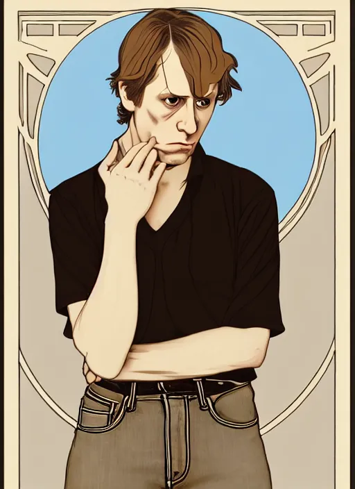 Image similar to art nouveau portrait of geoff rickly with short light brown straw blond hair, light blue eyes, sad expression, scared, head down, shy and demure, jeans and black t - shirt, holding a microphone, natural lighting, path traced, highly detailed, high quality, cartoon, digital painting, by don bluth and ross tran and studio ghibli and alphonse mucha