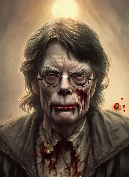 Image similar to stephen king as a zombie, deep focus, d & d, fantasy, intricate, elegant, highly detailed, digital painting, artstation, concept art, matte, sharp focus, illustration, hearthstone, art by artgerm and greg rutkowski and alphonse mucha