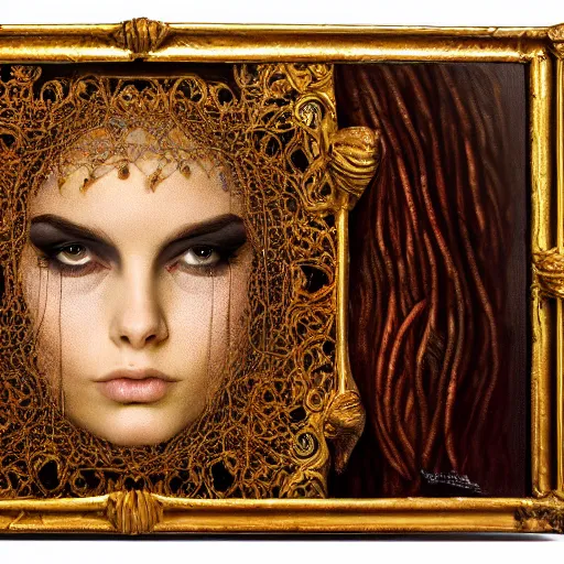 Image similar to spellbinding witch spectacular beauty, ghastly reflection in the mirror, intricate detail, fineline detail painting of portrait, intense sense of awe, 8k high octane rendering, golden ratio