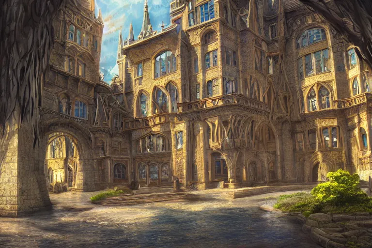 Prompt: A magical college viewed from the outide, texture, intricate, details, highly detailed, masterpiece, architecture, building, trending on artstation, focus, sharp focus, concept art, digital painting, fantasy, sunny, day, midday, in the style of Wizards of the Coast