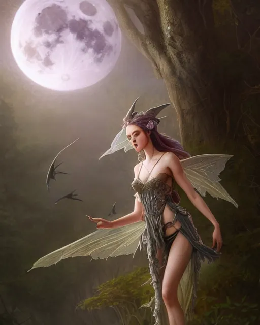 Image similar to attractive fairy goddness fly high in the night, d & d, fantasy, mist, full moon in background, trees, hyper detailed, art by artgerm and greg rutkowski and magali villeneuve, midium shot, 8 k realistic, cryengine, digital painting, trending on artstation, concept art, sharp focus, illustration,