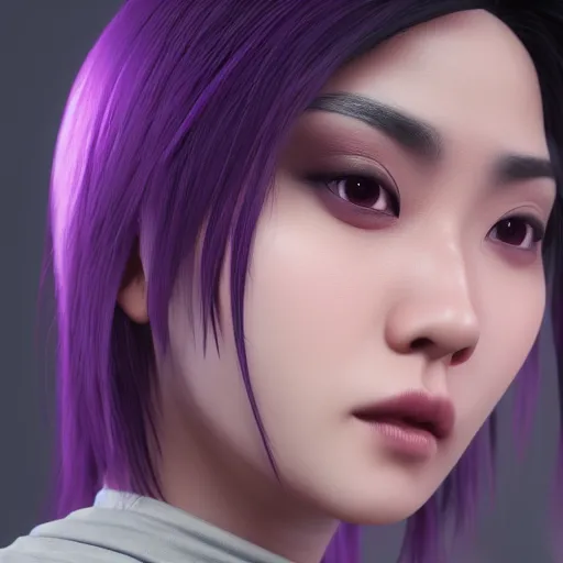 Prompt: Close up portrait of a young Asian Cyberpunk woman with dark purple hair, 3d render, Unreal Engine, octane render, ray tracing, Unity, highly detailed, high quality, HD, 4k, 8k, realistic, sharp, trending