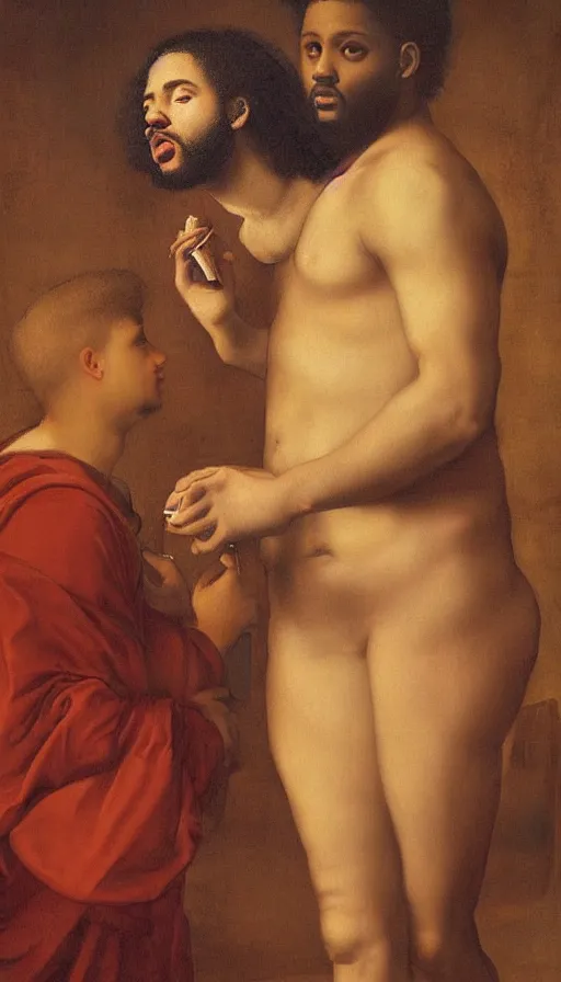 Prompt: drake and the weeknd smoking by leonardo da vinci, brown skin, classical painting, digital painting, romanticism, vivid color, oil painting