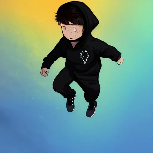 Prompt: boy wearing a black hoodie, flying in galaxy, lo-fi style, digital art, trending on ArtStation, detailed,