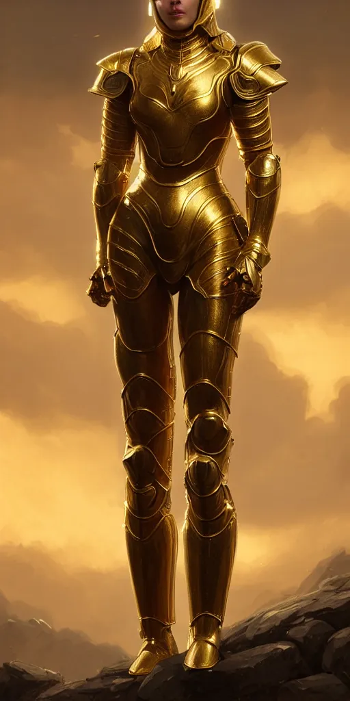 Prompt: professional digital art of a hyper realistic and highly detailed woman golden armor. accurate rending of one woman in armor. greg rutkowski, zabrocki, karlkka, jayison devadas, intricate, trending on artstation, 8 k, unreal engine 5, pincushion lens effect
