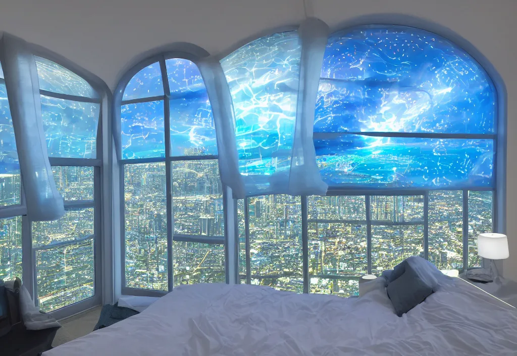 Prompt: curved translucent windows projecting florida holographic weathermap, pixel perfect photograph, thin glowing lights, bedroom, visor, users, pair of keycards on table