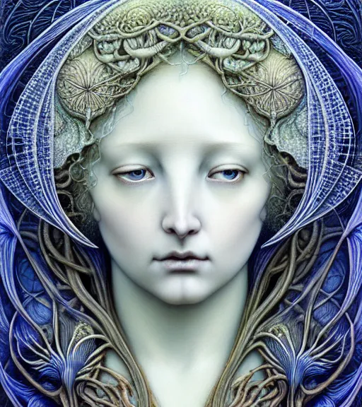 Prompt: beautiful moon goddess detailed realistic porcelain face portrait by jean delville, gustave dore, iris van herpen and marco mazzoni, art forms of nature by ernst haeckel, art nouveau, symbolist, visionary, gothic, neo - gothic, pre - raphaelite, fractal lace, intricate alien botanicals, ai biodiversity, surreality, hyperdetailed ultrasharp octane render