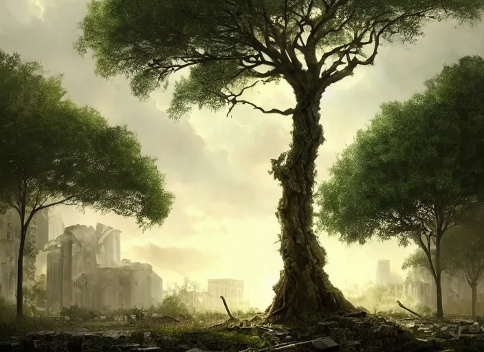 Image similar to oak tree growing in the ruins of a city, post - apocalypse wasteland, gray dull background, colorful green leaves, hyperrealistic, very detailed leaves, sharp focus, highly detailed, cinematic, ray of golden sunlight, digital art, soft lightning, muted colors, cgssociety, artstation, oil painting by greg rutkowski, by artgerm, by wlop