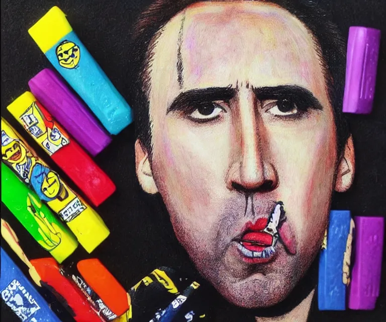 Image similar to “ nicholas cage as sad batman, eating crayons from the box, simple, hyperrealism, photorealistic, 8 k, high def ”