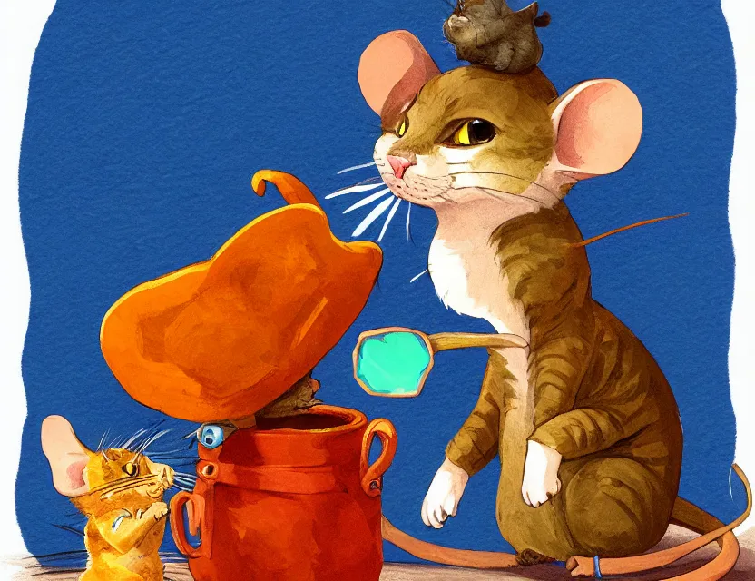 Prompt: adventurer mouse smoking a joint with the cat, cat has big red eyes, tired look. complementary colors, gouache, indie concept art, bloom, chiaroscuro, backlighting, intricate details.