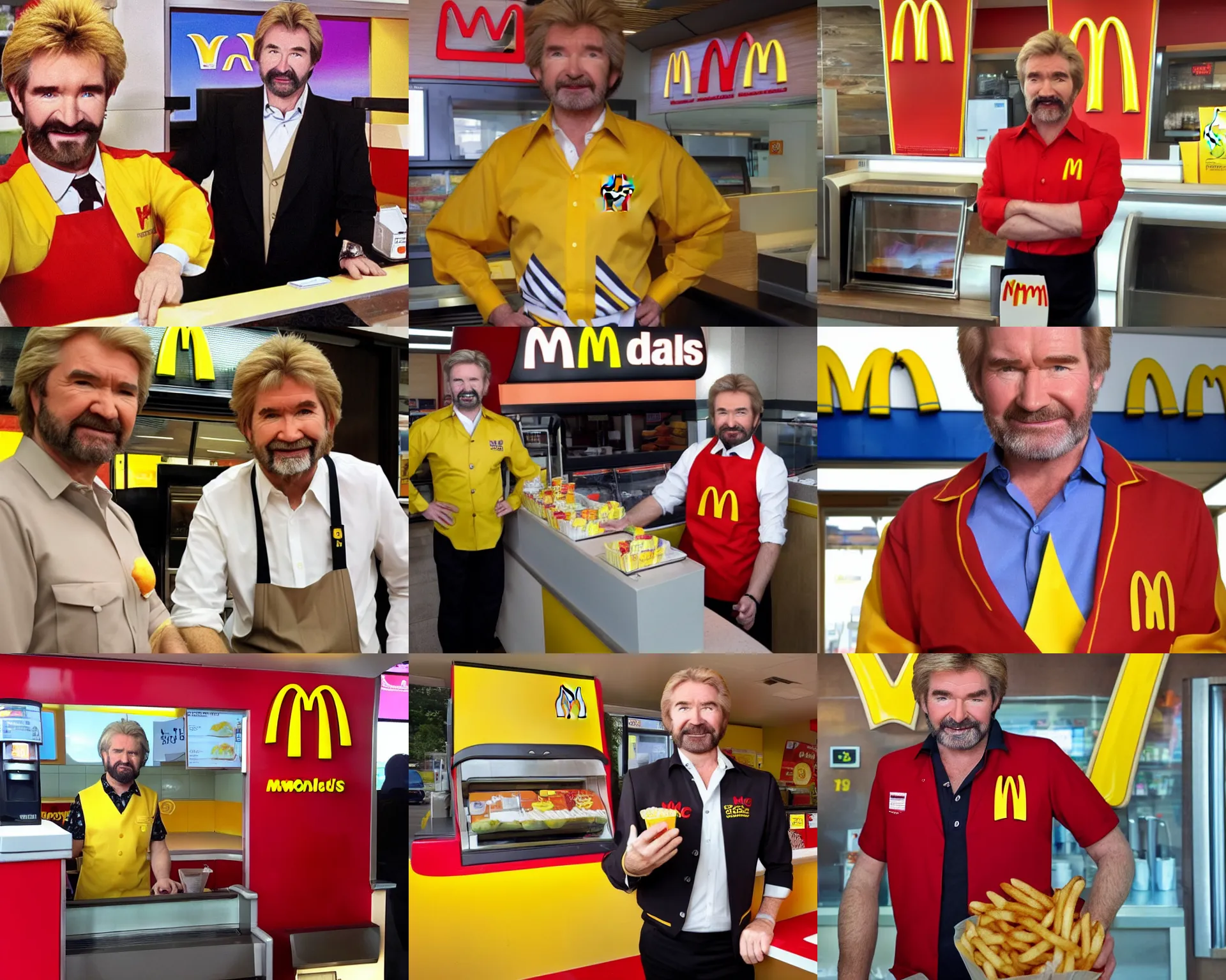 Prompt: noel edmonds wearing mcdonalds brown uniform, behind the counter at mcdonalds asking if you want fries with that
