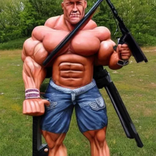 Image similar to gk chesteron with big muscles and a shotgun