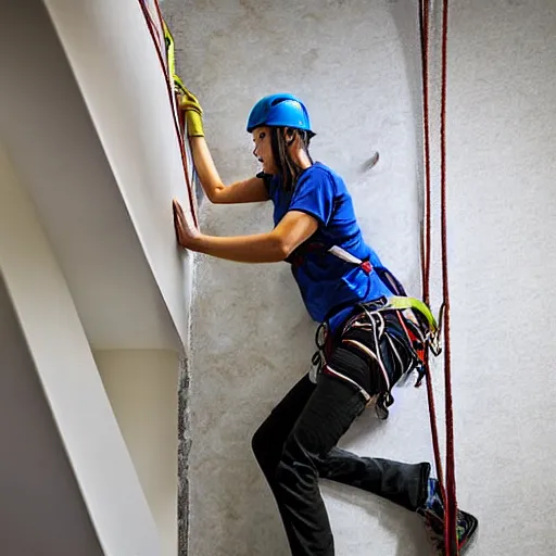 Image similar to A climbing expedition climbing the stairs of a regular apartment building. They are using ropes, pickaxes and other professional climbing gear in order to climb the stairs. Photograph, f/8, room lighting, indoor