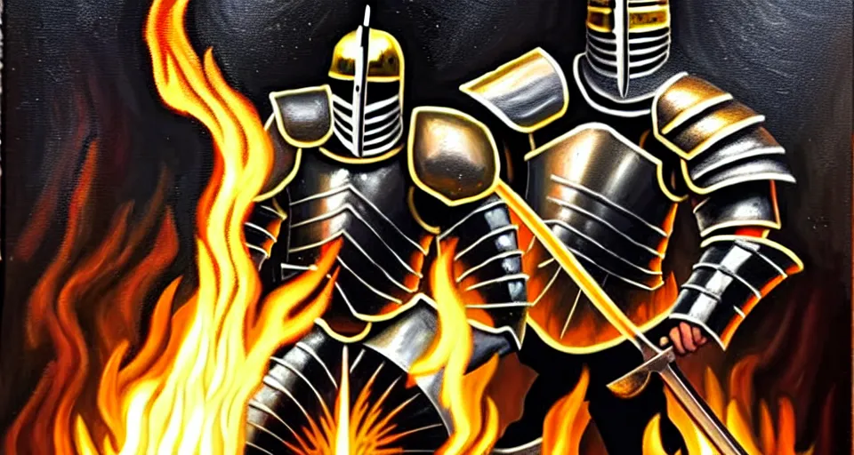 Prompt: An oil painting of a knight in dark metal armor wielding a flaming sword