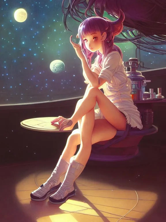 Image similar to full body picture of a space girl sitting in the moon cafe, bored, coveted, beautiful and aesthetic, intricate, unreal engine, messy hair, highly detailed, detailed face, smooth, sharp focus, chiaroscuro, manga illustration, artgerm, greg rutkowski, ilya kuvshinov, rossdraws, alphonse mucha, young adult light novel cover art