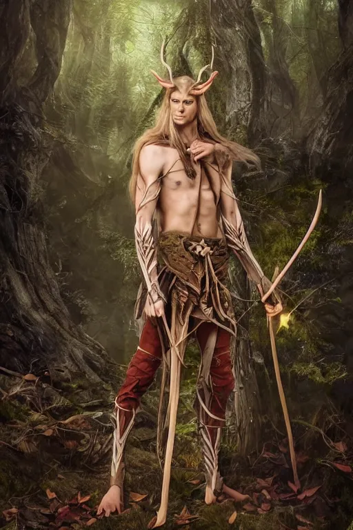 Image similar to A tall slim male wood elf druid posing with a bow in a mystical forest, portrait, long blonde hair, fungi, glowing, wooden armor, magical, fantasy, medieval, highly detailed, dynamic lighting, cinematic, dramatic, sharp focus, focus on face, masterpiece, trending on artstation, concept art, digital painting