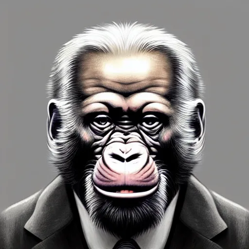 Image similar to Very funny Joe Biden as a dump looking monkey, like gorilla, colorful painting on grey scale face, powerful , magic, thunders, dramatic lighting, intricate, wild, highly detailed, digital painting, artstation, concept art, smooth, sharp focus, illustration, art by artgerm and greg rutkowski and alphonse mucha, footage