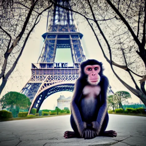 Image similar to high quality portrait of a monkey in front of eiffel tower, studio photograph, photograph, realistic photo, 8k photo, 4k photo, stock photo, high resolution, cinematic shot, high detail