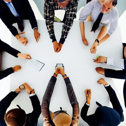 Prompt: “ 8 people sitting in a meeting ”