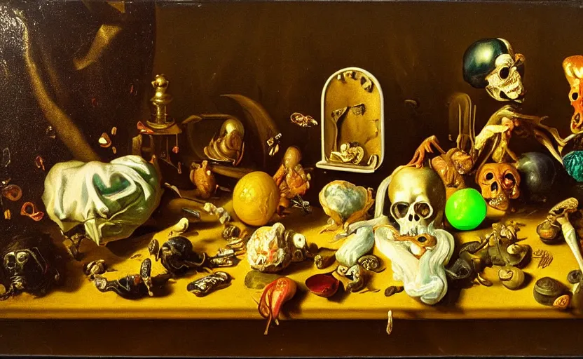 Image similar to disturbing colorful oil painting dutch golden age vanitas still life with bizarre objects strange gooey surfaces shiny metal bizarre insects rubber silk rachel ruysch dali todd schorr very detailed perfect composition rule of thirds masterpiece chiaroscuro canon 5 0 mm, cinematic lighting, photography, retro, film, kodachrome