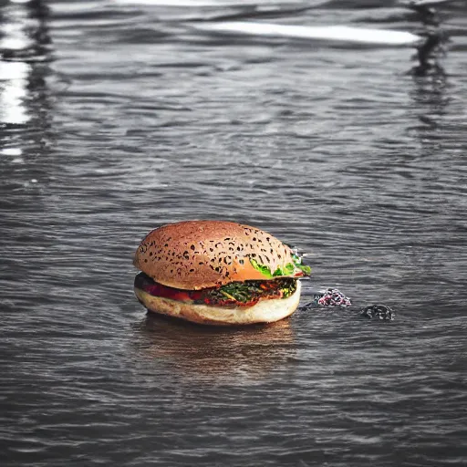 Image similar to giant delicious burger and fries splashes into New York city river, mind-bending digital art, macro photography 25mm, hollywood movie cinematic helicopter view