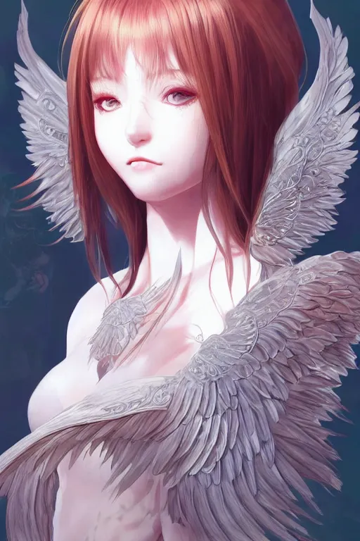 Image similar to Portrait of beautiful anime maiden with angelic wings, intricate, elegant, highly detailed, artstation, concept art, illustration, art by Yoshitaka Amano, Sakimichan, Kuvshinov Ilya, tsuaii