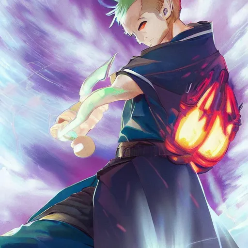 Image similar to portrait of jesse pinkman wielding the element of storm magecraft, wind, anime fantasy illustration by tomoyuki yamasaki, kyoto studio, madhouse, ufotable, trending on artstation