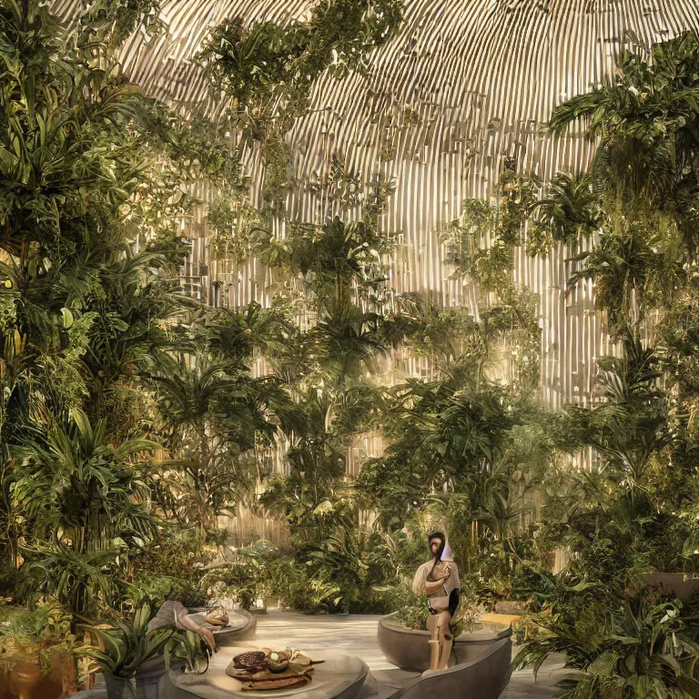 Prompt: octane render portrait by wayne barlow and carlo crivelli and glenn fabry and architectural digest, a beautiful neo - midcentury - modern palace covered in lush plants with giant reflective windows inside a giant beautiful dessert at goldenhour, light beams, cinema 4 d, ray traced lighting, very short depth of field, bokeh