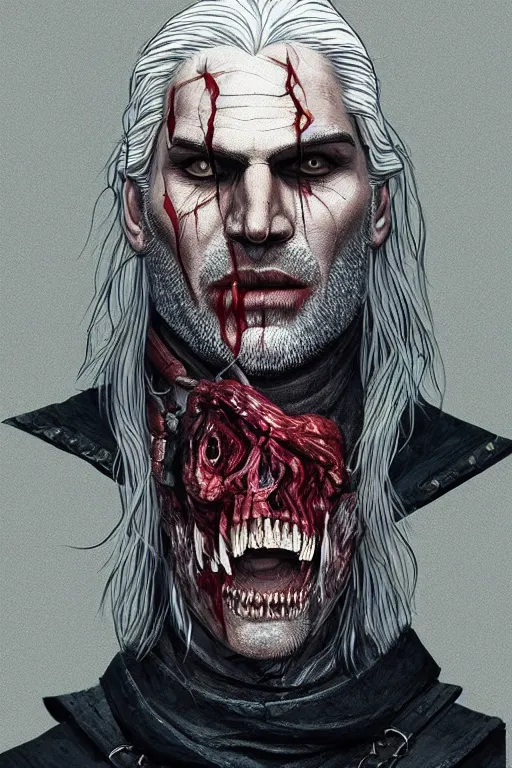 Image similar to geralt of rivia in sleepy hollow, full body, big two toned eyes, teeth gritted, horror, intricate details, cinematic, epic, realistic, anatomy, tomer hanuka, uplight, artstation, photorealistic, scary