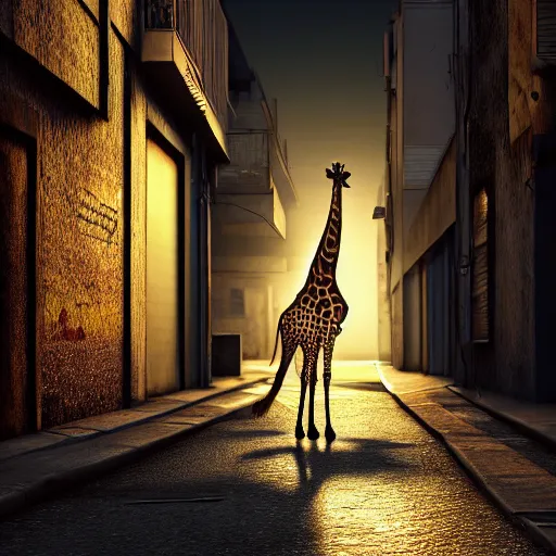 Prompt: a giraffe wearing street clothes, injecting itself with heroin in a back alley, evening light, 4k, unreal engine, artstation, incredible detail