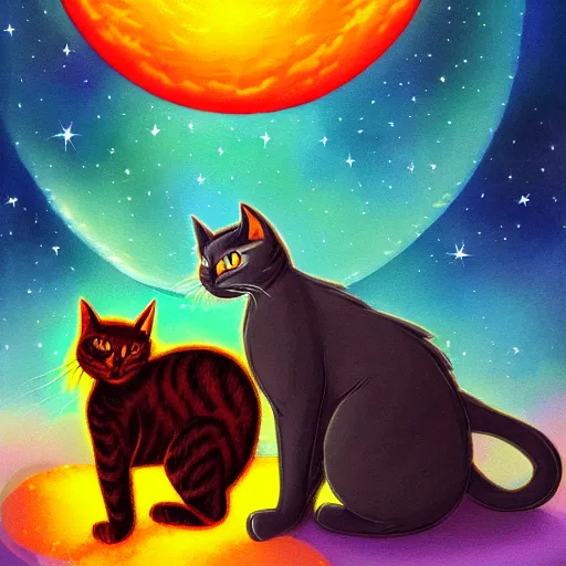 Prompt: Firestar and Ravenpaw sitting next to each other looking into the Moon, Warrior cats, Back side view, Erin Hunter, illustration of 2 cats, trending on artstation, beautiful Paintings