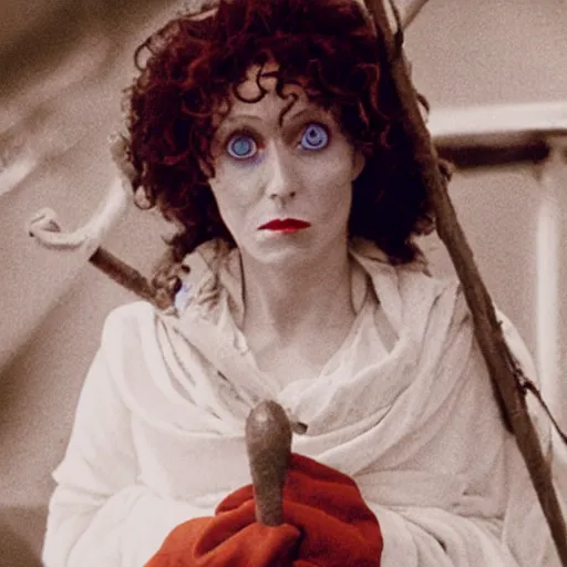 Prompt: a woman looking sick and curled up in a ball on the deck of a ship, a beautiful english woman with a long face narrow nose pale skin blue eyes red lips and wild messy tangles of curly white blonde hair, high resolution film still wearing a black robe and skull necklace and holding a spear, sandy, a journey to the west